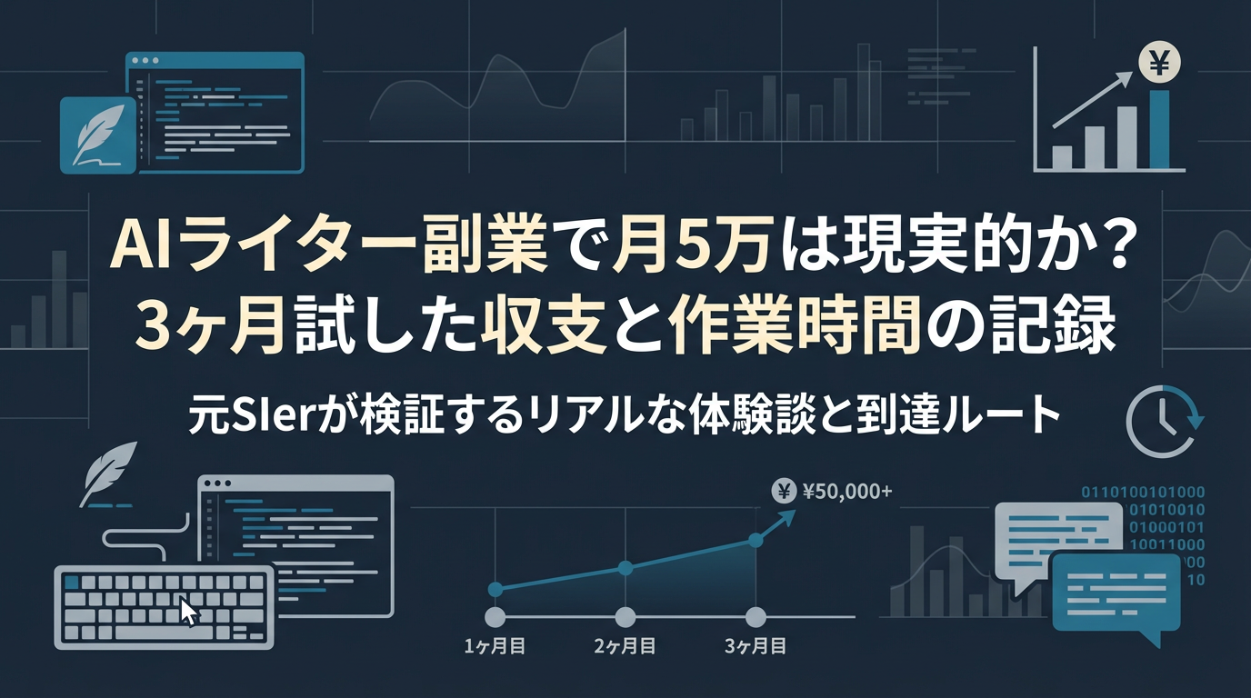 AIライター副業｜AIライター副業で月5万は現実的か？3ヶ月試した収支と作業時間の記録 アイキャッチ (AIセコンド)