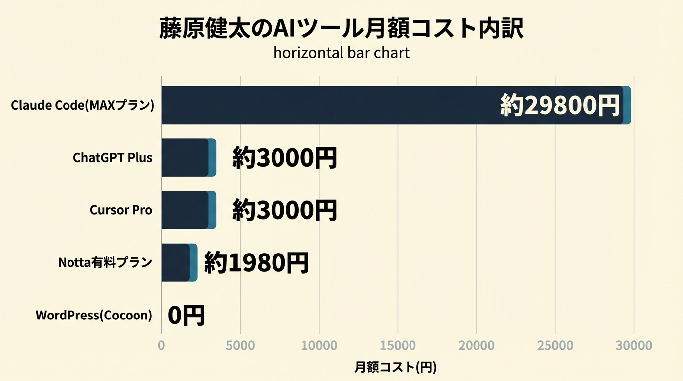 AIセコンド編集方針｜horizontal bar chart. 藤原健太のAIツール月額コスト内訳. Data: Claude Code(MAXプラン)=約29800円, ChatGPT Plus=約3000円, Cursor Pro=約3000円, Notta有料プラン=約1980円, WordPress(Cocoon)=0円. X軸=月額コスト(円).