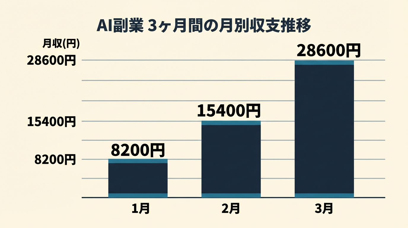 AIセコンド編集方針｜bar chart. AI副業 3ヶ月間の月別収支推移. Data: 1月=8200円, 2月=15400円, 3月=28600円. Y軸=月収(円).