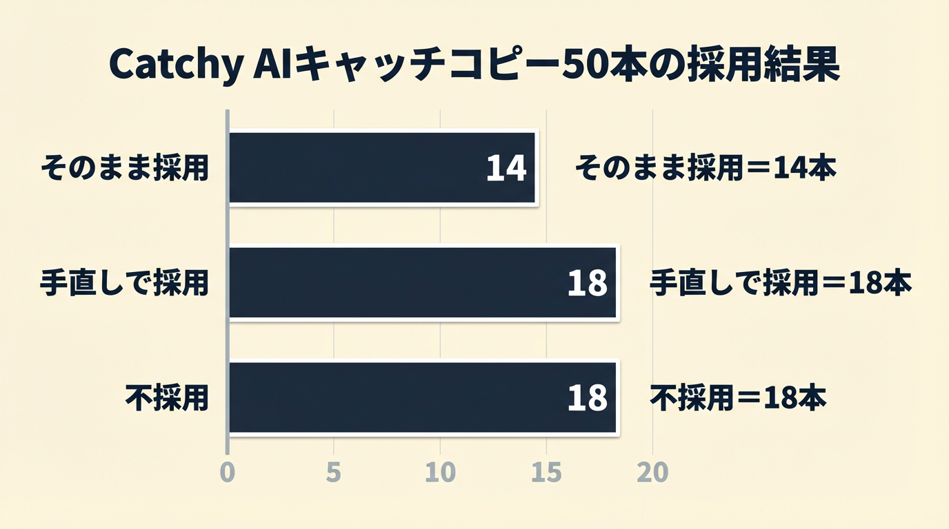 Catchy実測レビュー｜horizontal bar chart. Catchy AIキャッチコピー50本の採用結果. Data: そのまま採用=14本, 手直しで採用=18本, 不採用=18本.