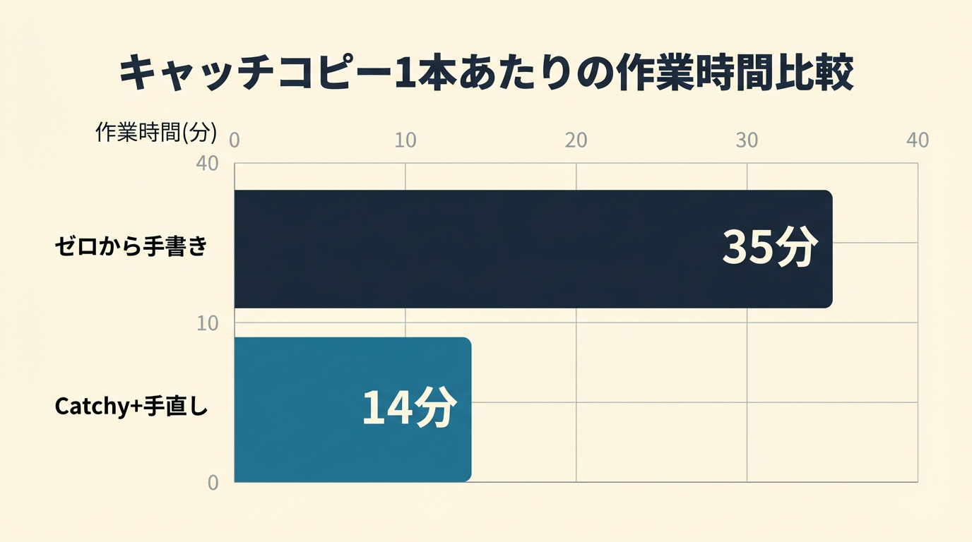 Catchy実測レビュー｜bar chart. キャッチコピー1本あたりの作業時間比較. Data: ゼロから手書き=35分, Catchy+手直し=14分. Y軸=作業時間(分).