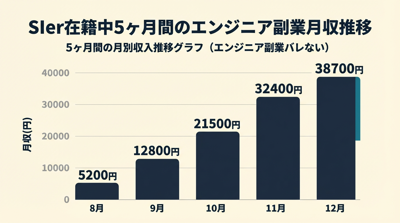 エンジニア副業バレない｜bar chart. SIer在籍中5ヶ月間のエンジニア副業月収推移. Data: 8月=5200円, 9月=12800円, 10月=21500円, 11月=32400円, 12月=38700円. Y軸=月収(円). alt: エンジニア副業バレない 5ヶ月間の月別収入推移グラフ